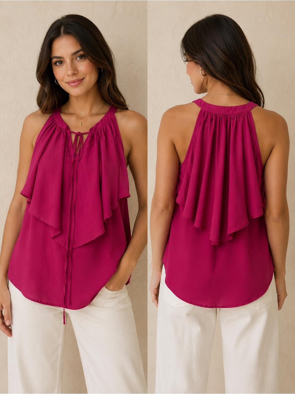 Daniel Rainn Ruffled Tie-Neck Camisole - Magenta